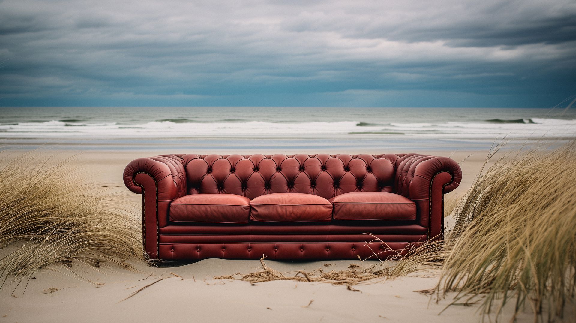 Rochembeau canapé Chesterfield cuir bordeaux plage ciel couvert