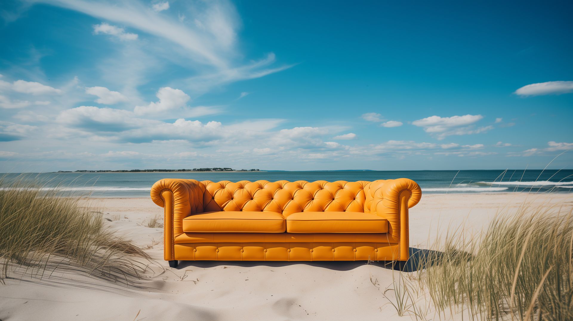 Rochembeau canapé Chesterfield cuir jaune plage ciel bleu