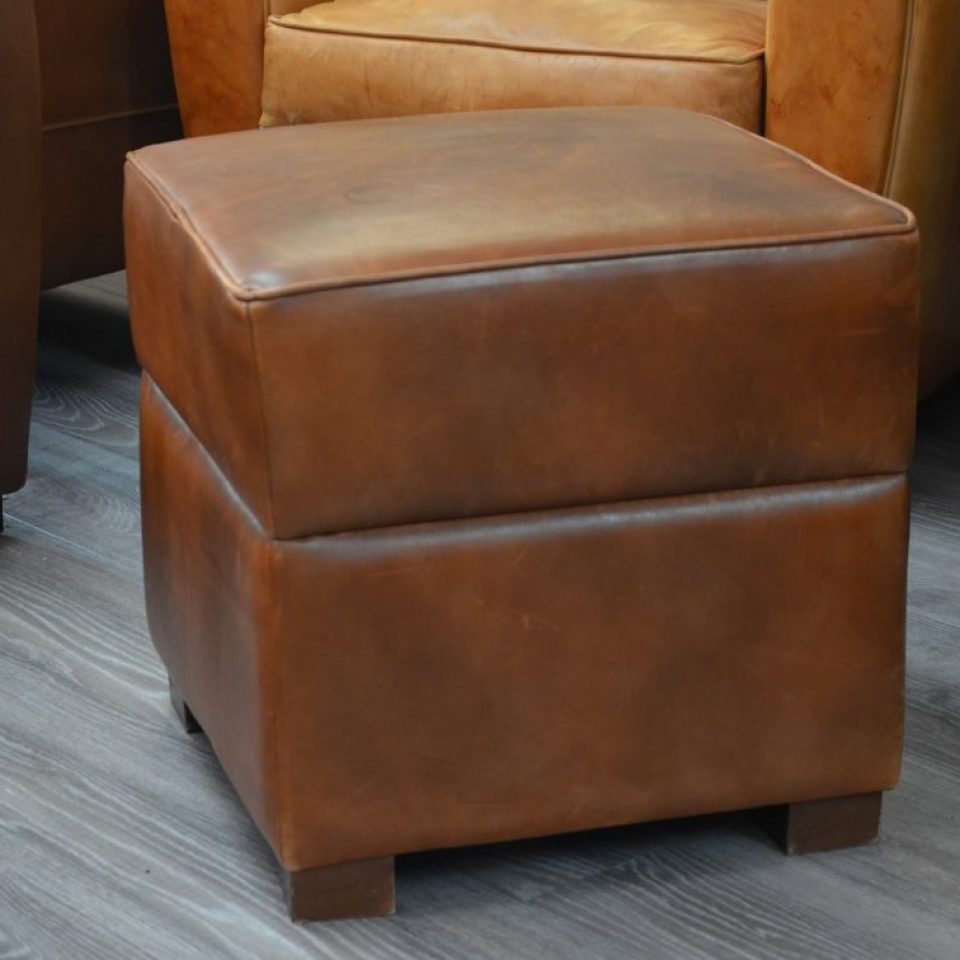 Pouf Carré Coffre en cuir-marron B3